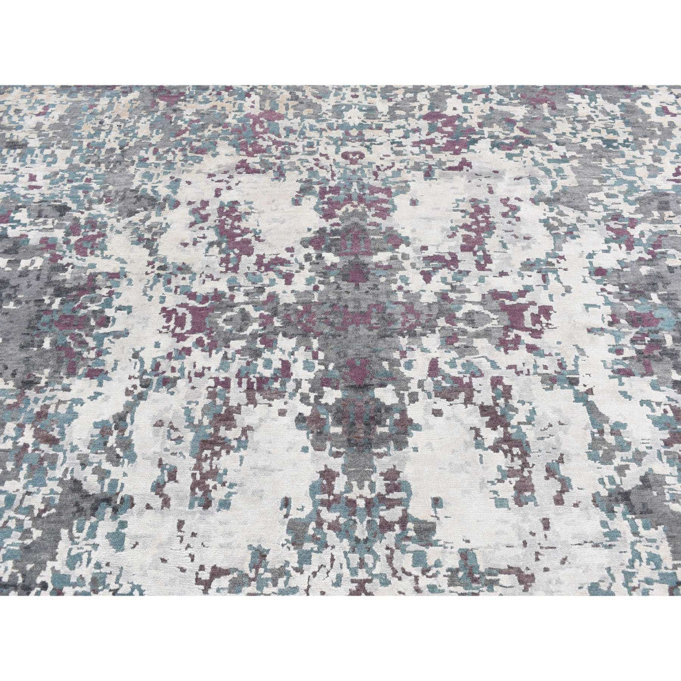 Carbon Gray Modern Abstract Design Hand Knotted Wool and Silk Rug 9'10"x13'7"