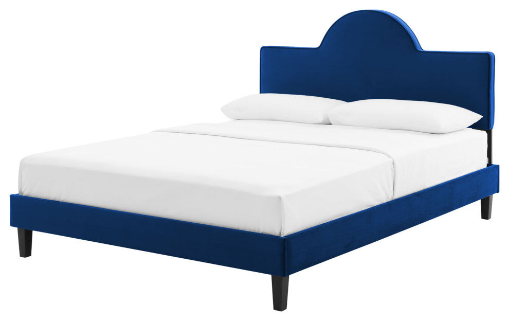 Platform Bed Frame, King Size, Blue Navy, Velvet, Modern, Bedroom Guest Suite