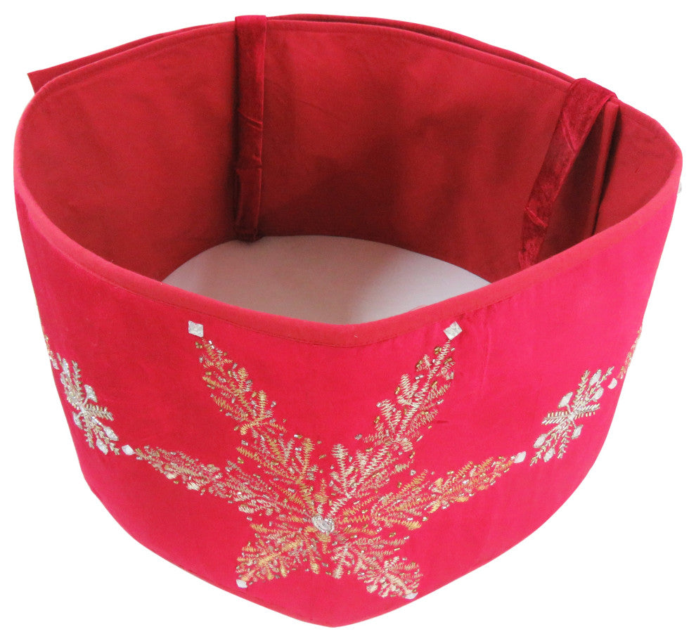 Handmade Adjustable Christmas Tree Collar - Silver Snowflakes on Red Velvet