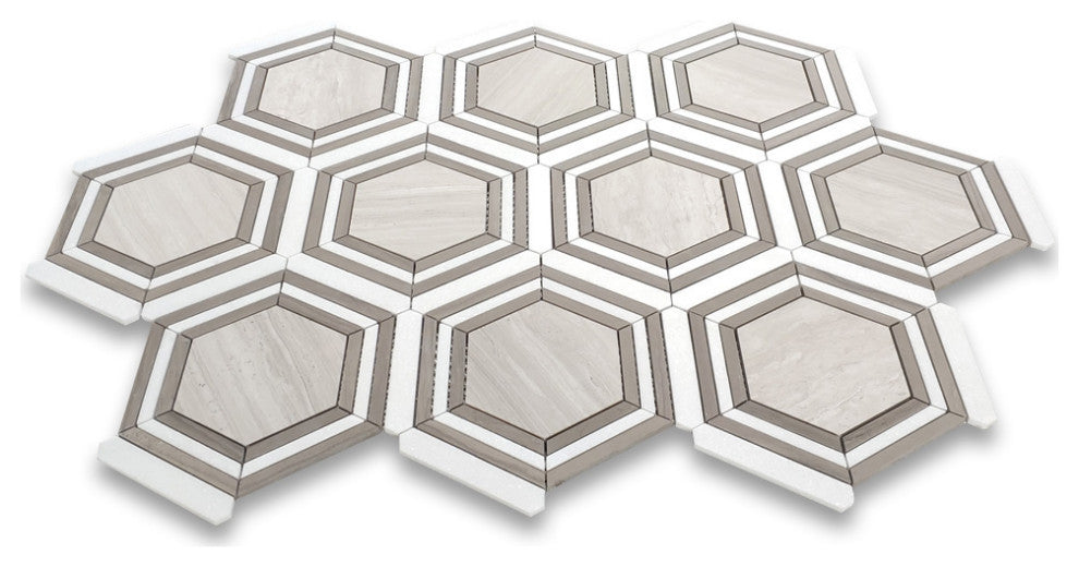 Athens Silver Cream Marble 5" Hexagon Strips Georama Geometric Tile, 1 sheet