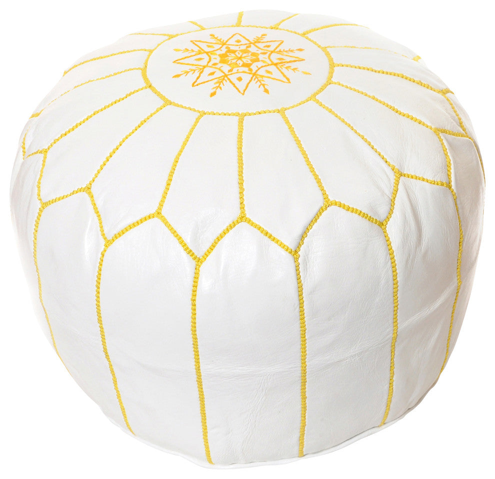 Moroccan Leather Pouf, White With Yellow Stitching