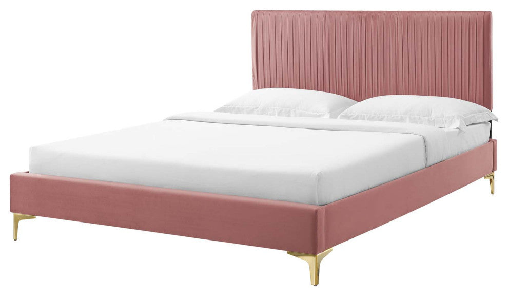 Platform Bed Frame, Queen Size, Velvet, Pink, Modern Contemporary, Bedroom
