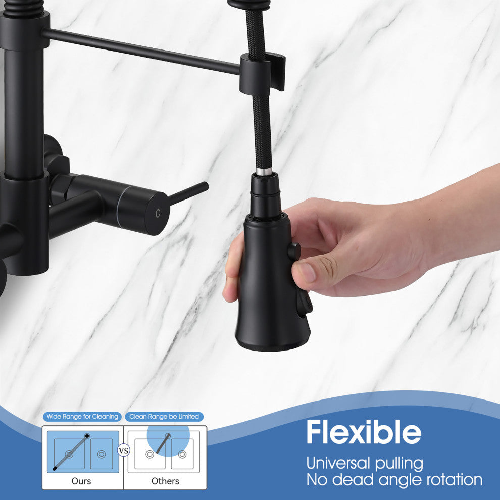 Double Handle Wall Mounted Spring Neck Bridge Kitchen Faucet, Matte Black