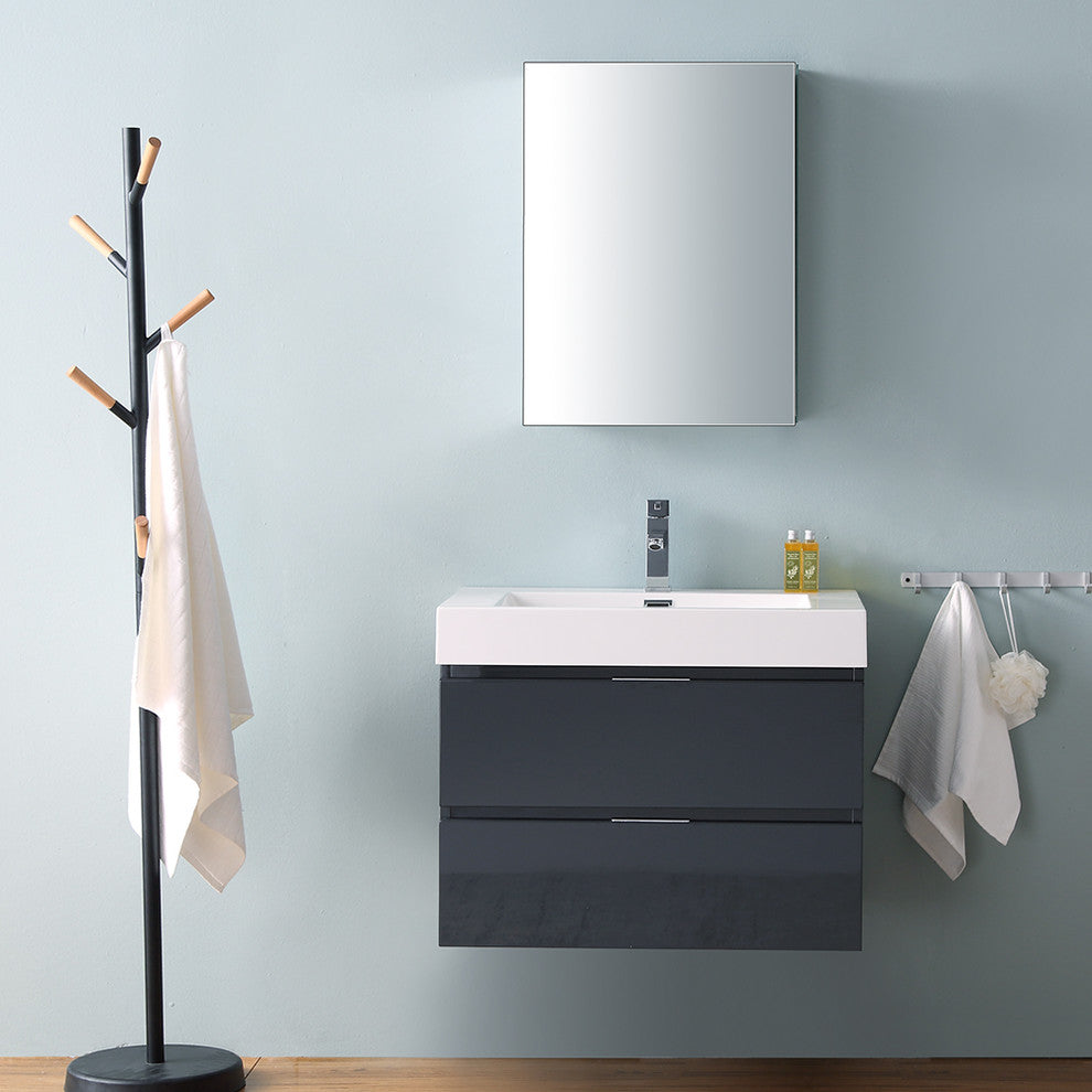Valencia 30" Dark Slate Gray Wall Hung Vanity Set, Cabinet, Faucet, FFT3111CH