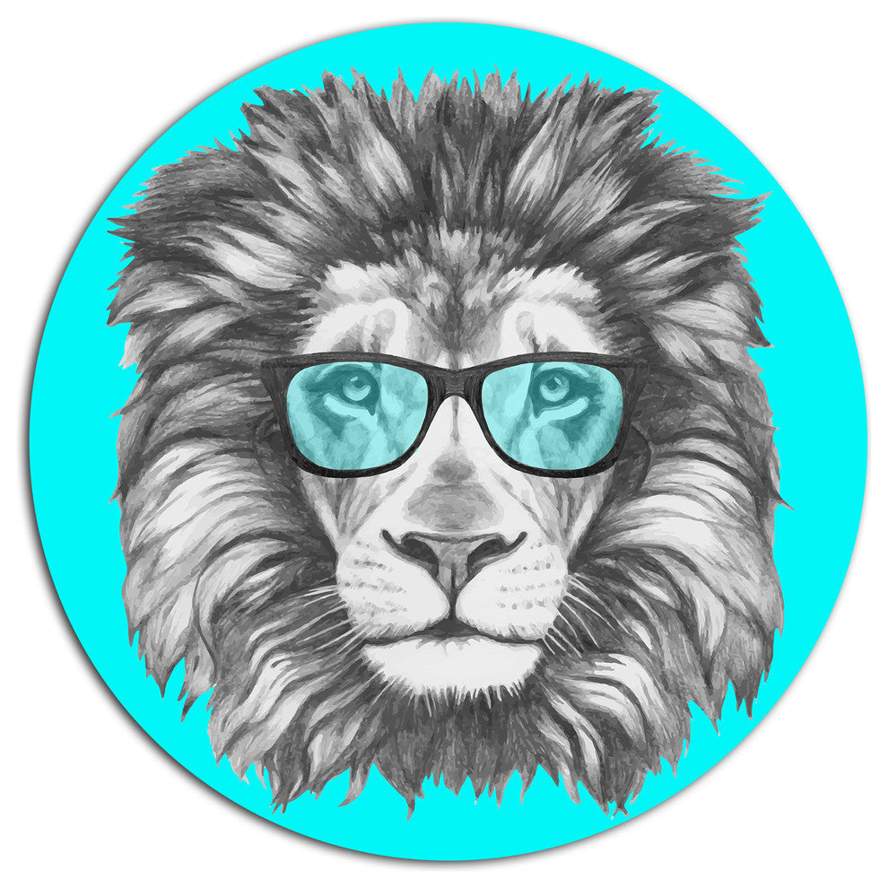Funny Lion With Blue Glasses, Animal Disc Metal Wall Art, 23"