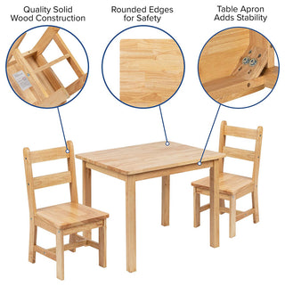 Kids Solid Hardwood Table and Chair Set - 3 Piece Set, Natural
