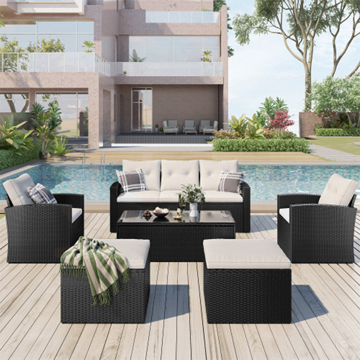 6 piece dark black wicker patio dining conversation sectional set  outdoor furni