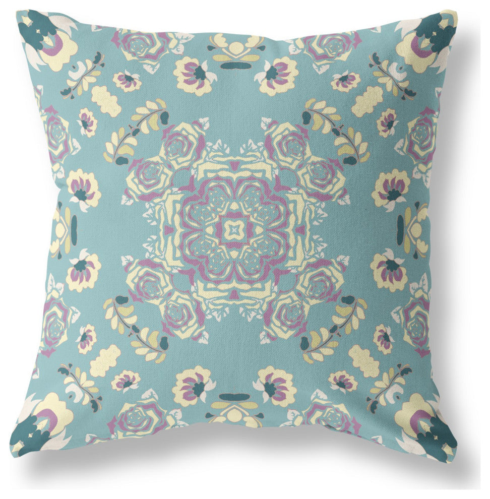 20" Blue Lavender Wreath Indoor Outdoor Zippered Throw Pillow