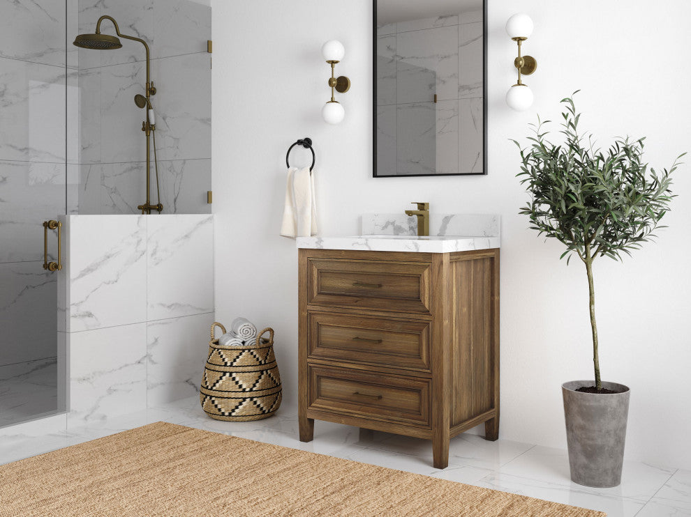 Santa Monica 30 Single Sink Bath Vanity in Graywashed Teak 2" Carrara Quartz