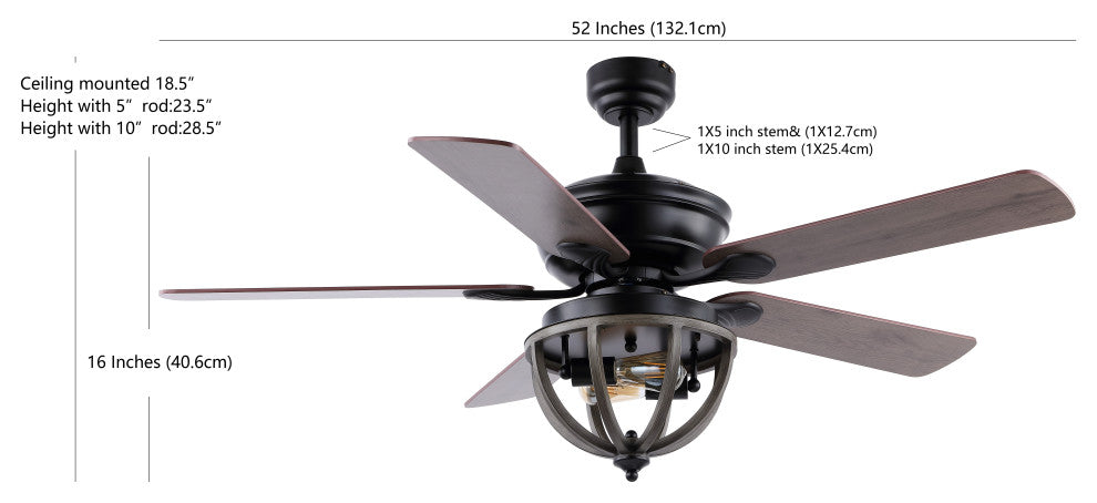 Jasper 52" 2-Light Farmhouse Iron Dome Shade LED Ceiling Fan With Remote, Black