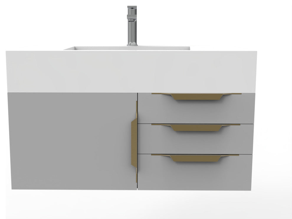CastelloUSA Nile 36" Wall Mounted Vanity Set, Gray, White Top, Gold Handles