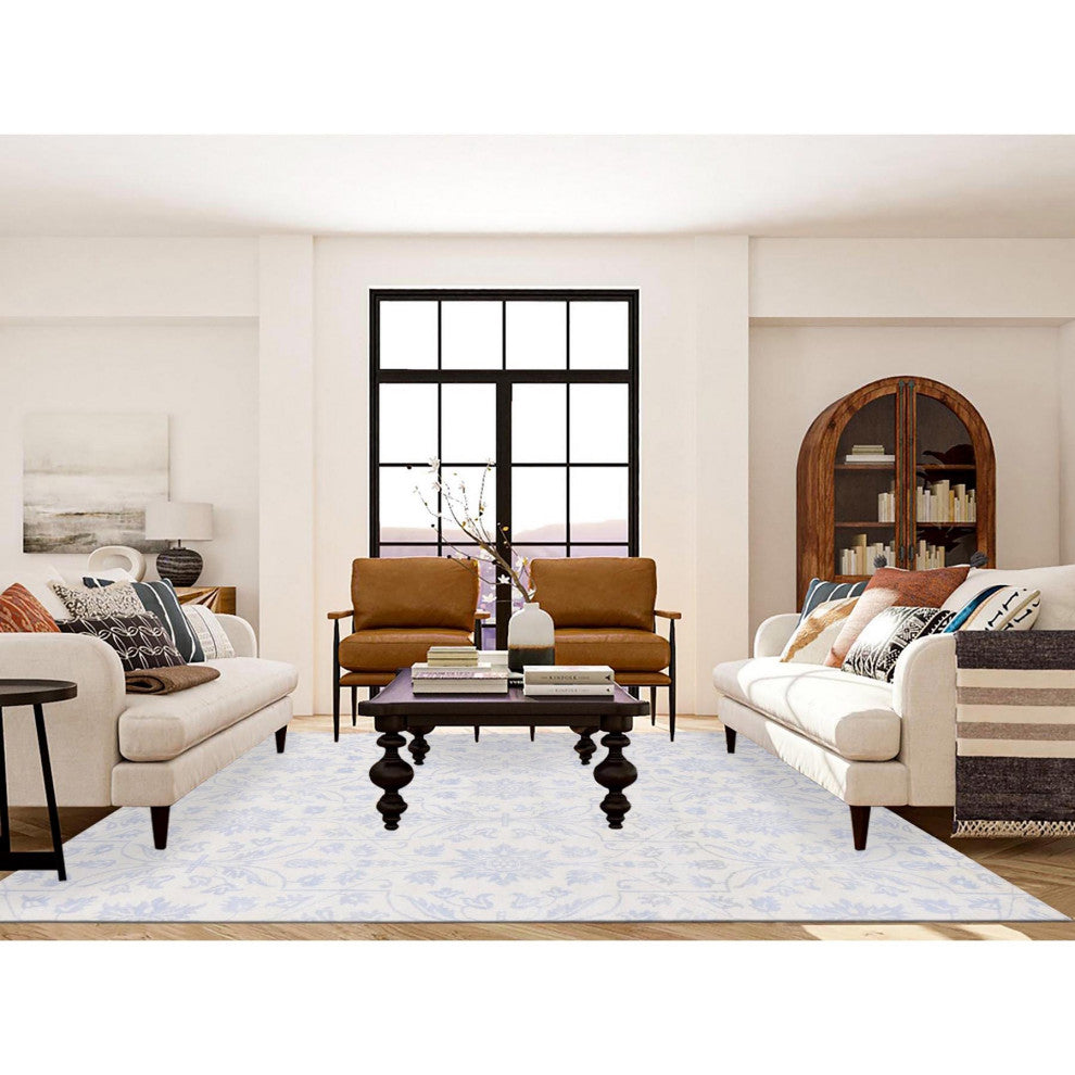 Gray on Beige Lotus Flower Design Tone on Tone Hand Knotted Wool Rug, 8'x9'10"