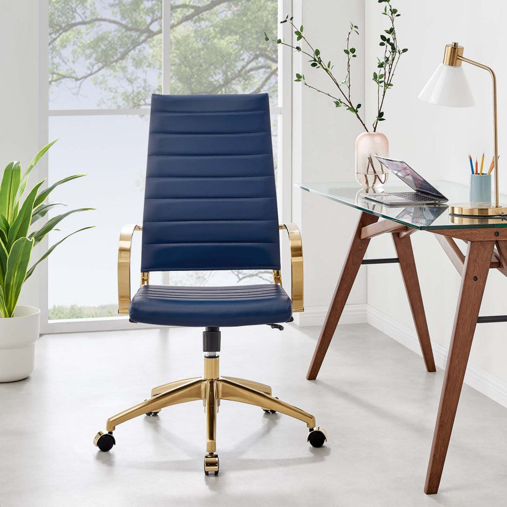 Computer Work Desk High Back Chair, Navy Gold, Faux Vinyl Leather, Home Office