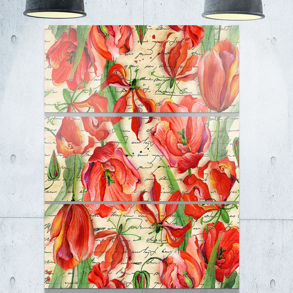 "Seamless Red Flower Pattern" Metal Wall Art, 3 Panels, 28"x36"