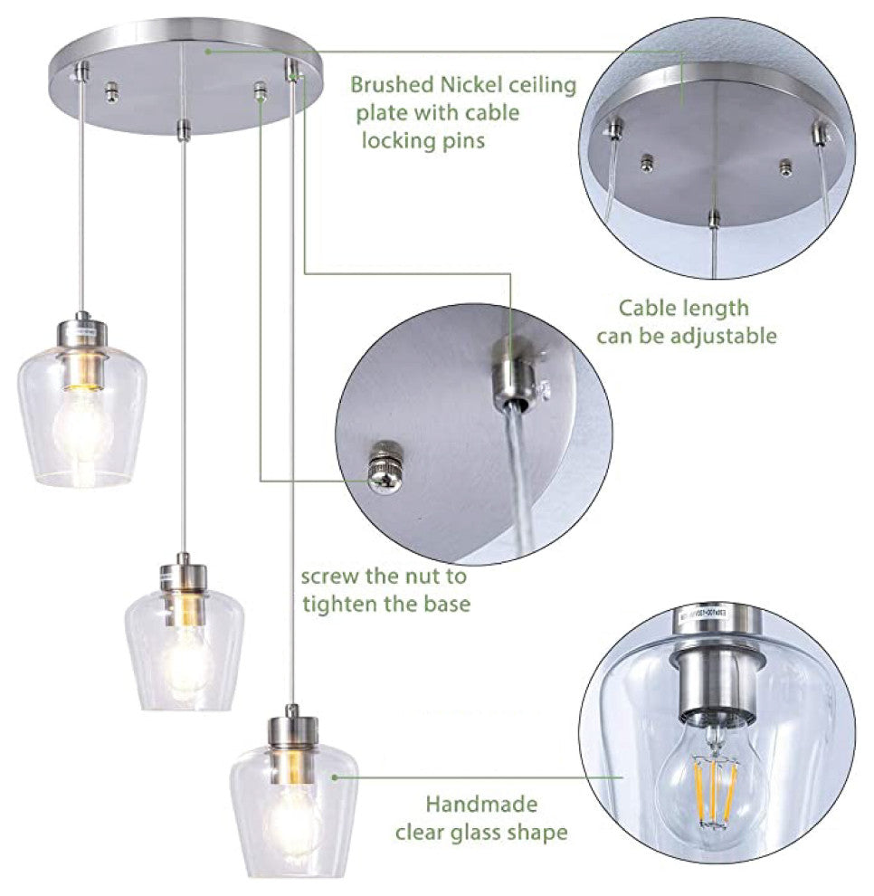Brushed Nickel pendant light fixtures Art Deco 3 light  kitchen led lights