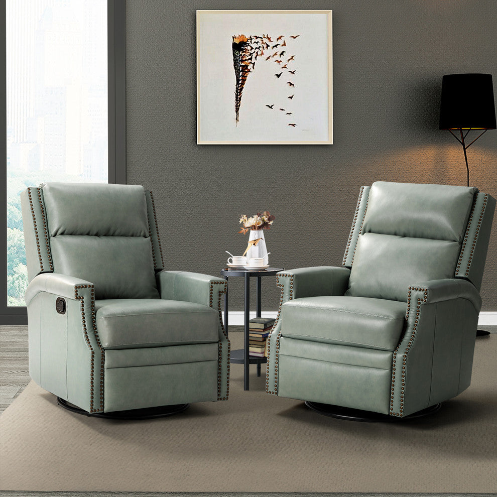 Genuine Leather Swivel Rocker Recliner, Set of 2, Sage