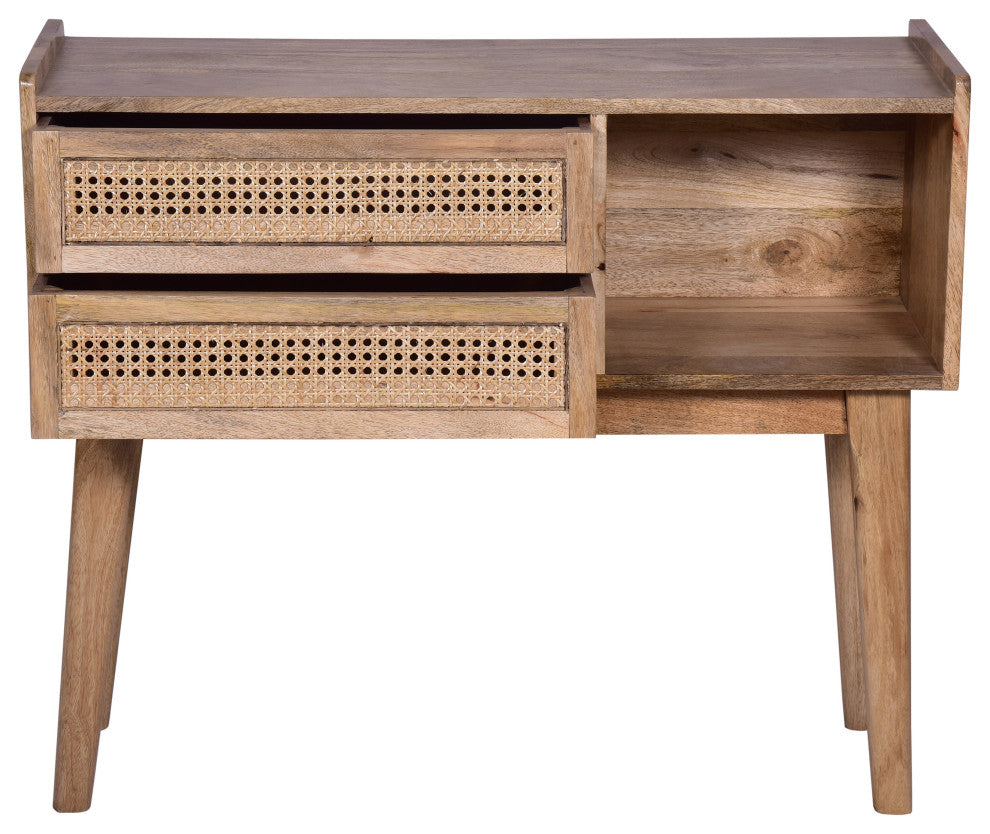 Benzara UPT-272542 2 Drawer Mango Wood Rectangular Console Table, Natural Brown