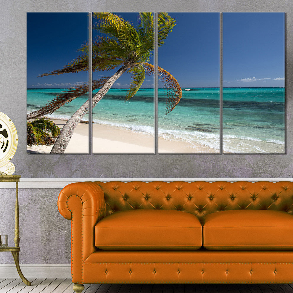 "Palm Bent To Picturesque Seashore" Modern Seascape Wall Art, 4 Panels, 48"x28"