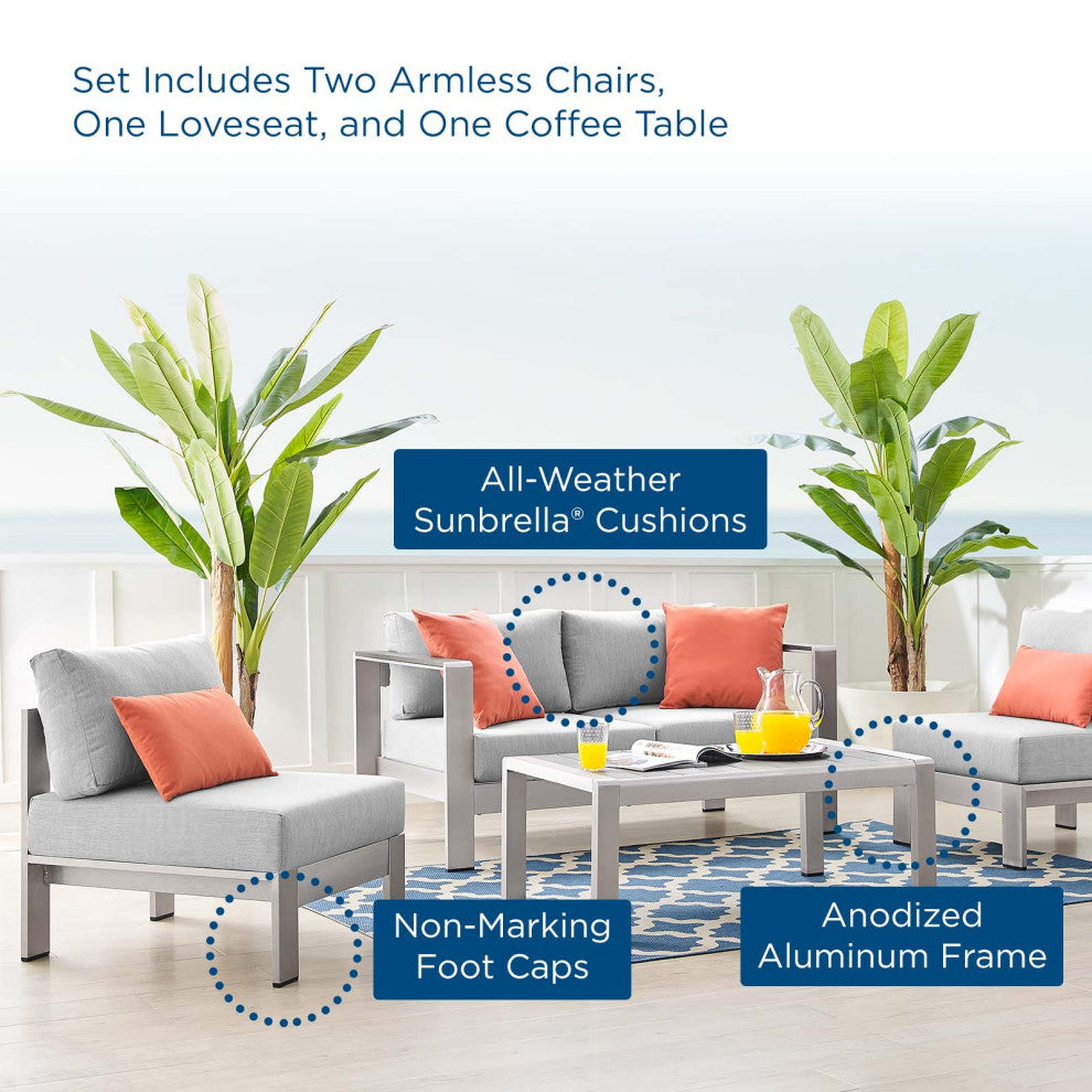 Sectional Sofa Chair Table Set, Sunbrella, Aluminum, Silver Gray, Outdoor