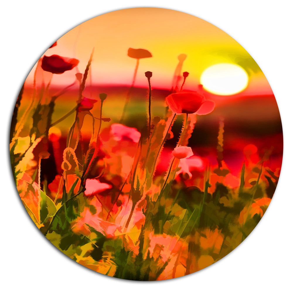 Summer Sunset With Red Poppies, Landscape Art Disc Metal Wall Art, 11"
