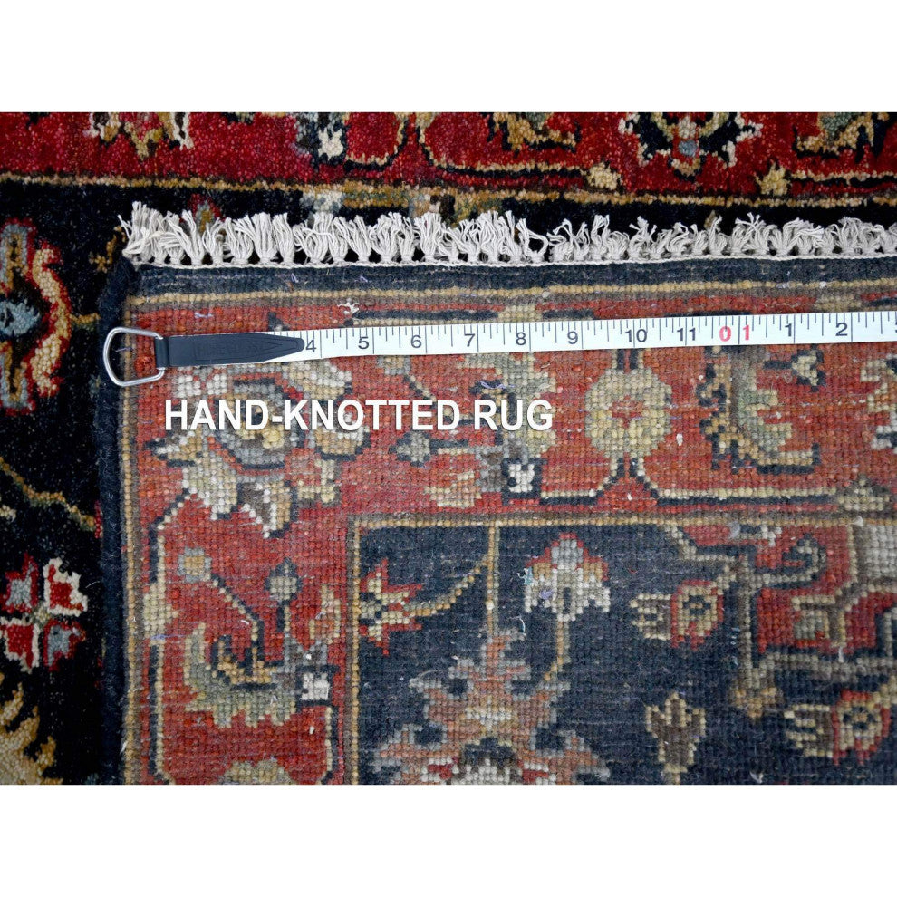Denim Black, Organic Wool, Hand Knotted, Karajeh Design Runner Rug, 2'7"x10'1"