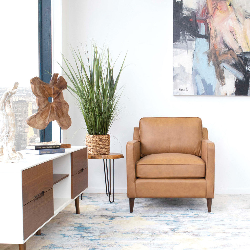 Manhattan Mid-Century Modern Cushion Back Genuine Leather Armchair, Tan