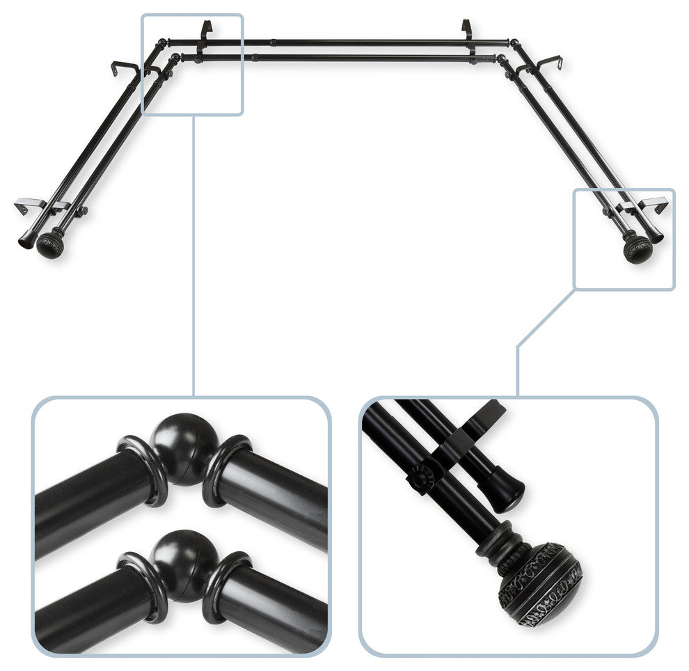 Ornament Bay Window Double Curtain Rod, 20"-36", 38"-72", Black