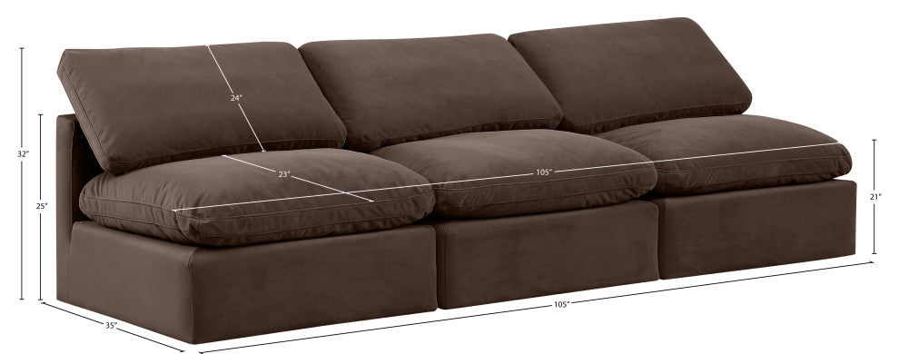 Indulge Upholstered Modular Sofa, Brown, 3-Piece: 3 Armless Chair, Down Stuffed Velvet