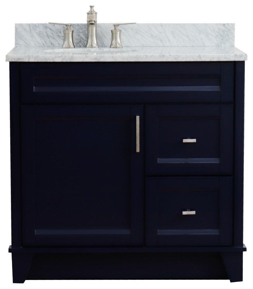37" Single Sink Vanity, Blue Finish With White Carrara Marble