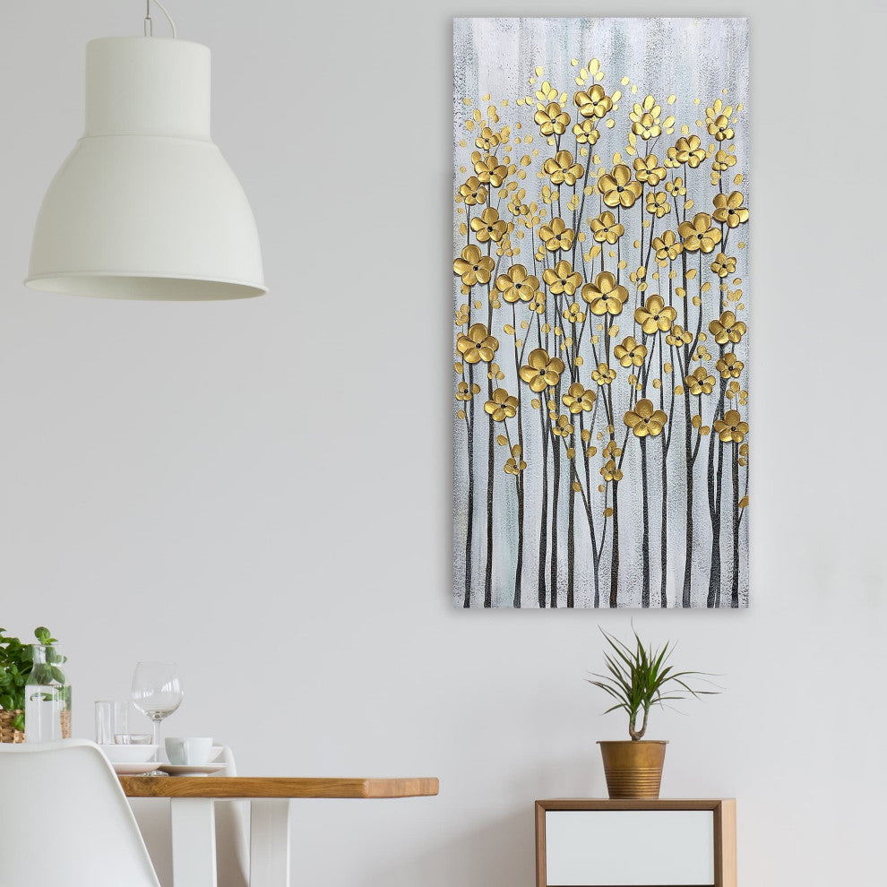 Golden Bloom Hand-Painted Textured Floral Canvas Art