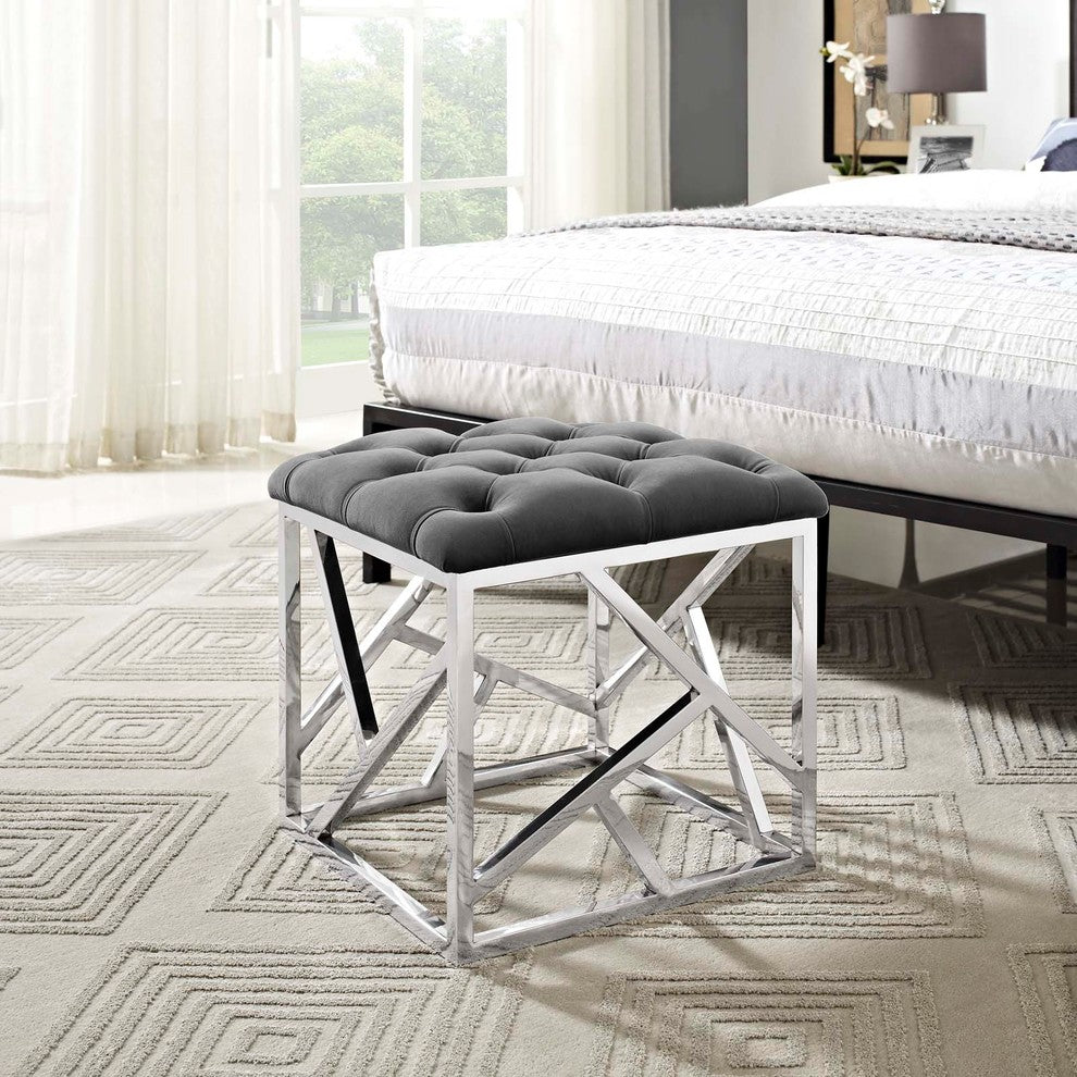 Modern Accent Chair Ottoman, Velvet Fabric Metal Steel, Gray