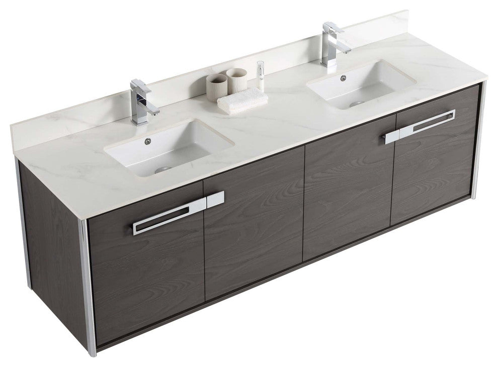 Oakville Wall Mount Bathroom Vanity, Black Coal Oak, 72", Chrome Hardware