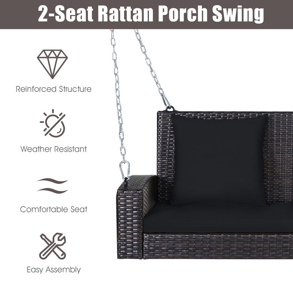 Costway 2-Person Patio Rattan Hanging Porch Swing Bench Chair Cushion Black