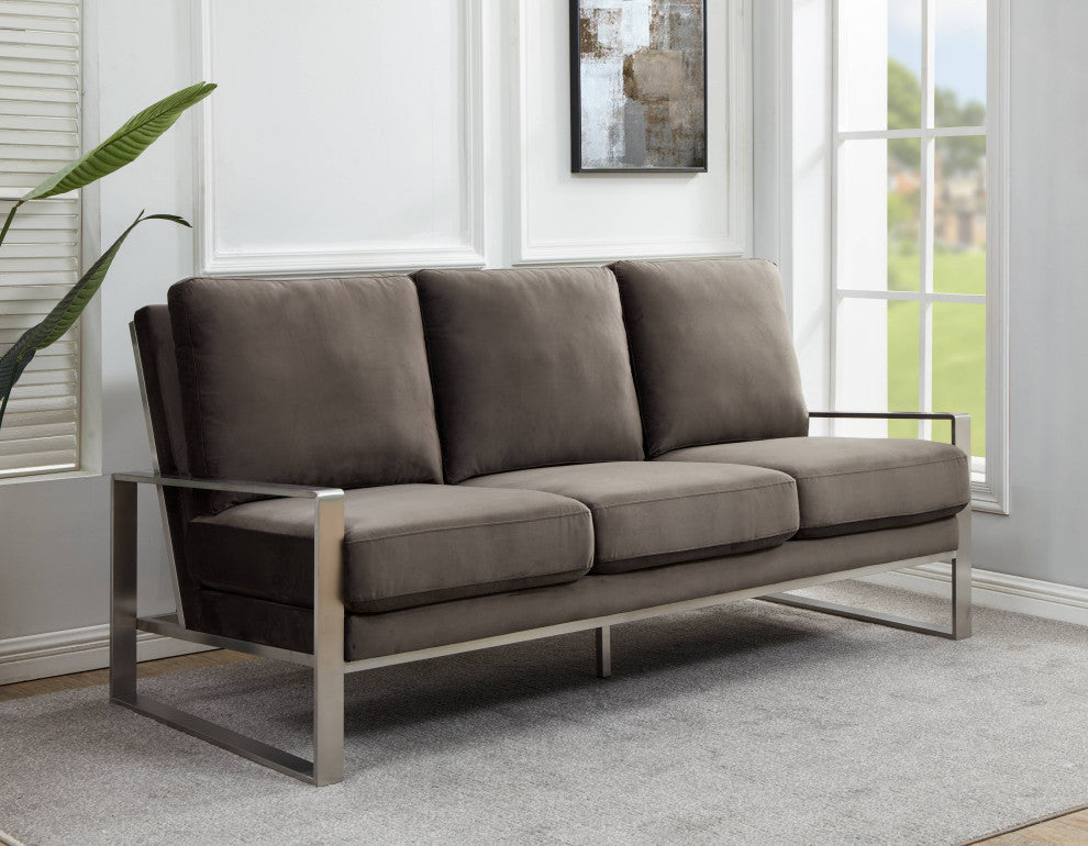 LeisureMod Jefferson Modern Design Velvet Sofa With Silver Frame, Dark Gray