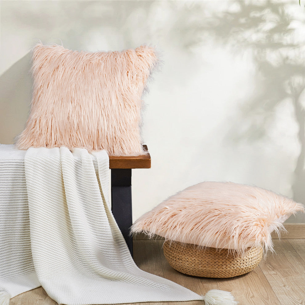 Mongolian Faux Fur Pillow Shell Set, Rose, 20"x20"