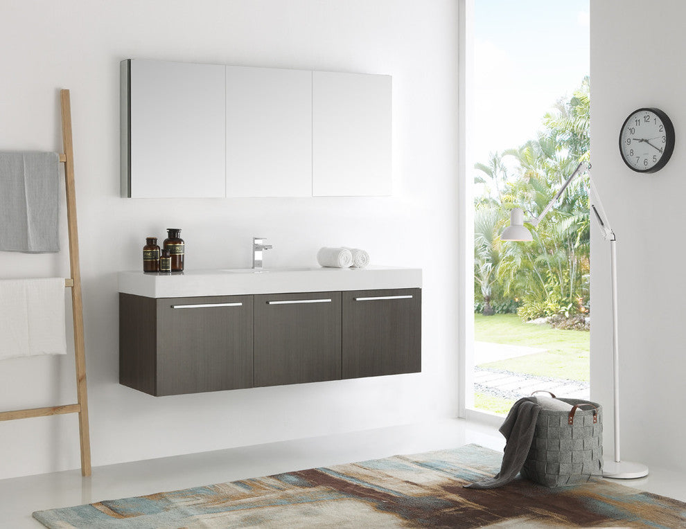 Vista 60" Gray Oak Wall Hung Single Sink Modern Bathroom Vanity, FFT1030CH