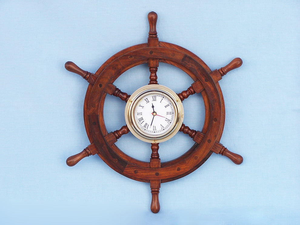 Wooden Ship Wheel Clock, 12"