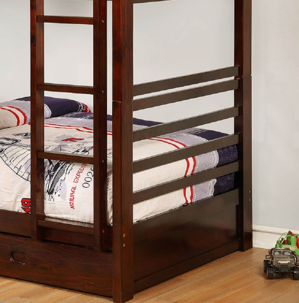 Wooden Twin Over Twin Bunk Bed, Dark Walnut