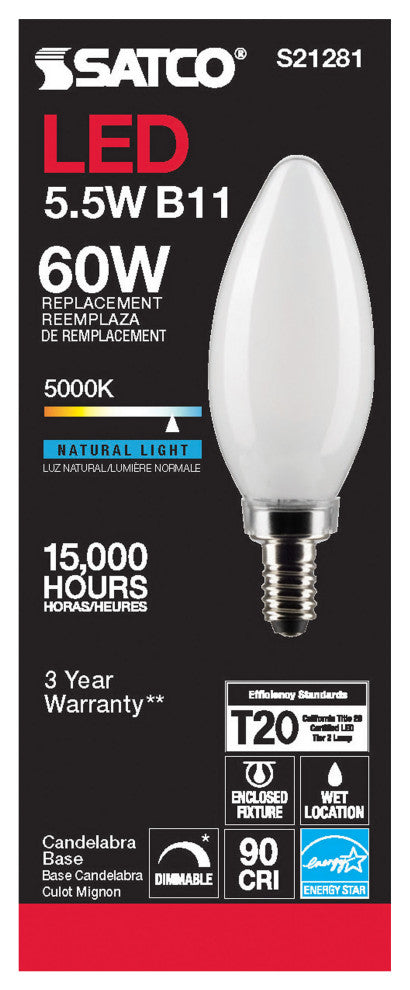 5.5W B11 LED, Frost, Candelabra Base, 90 CRI, 5000K, 120V