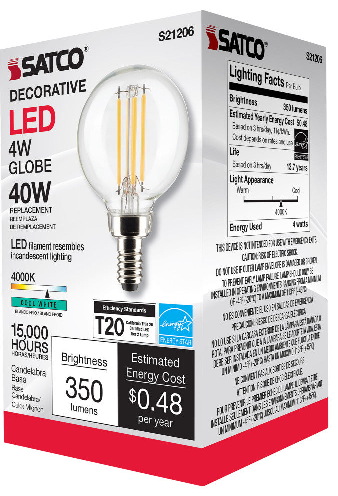 4W G16.5 LED, Clear, Candelabra Base, 90 CRI, 4000K, 120V