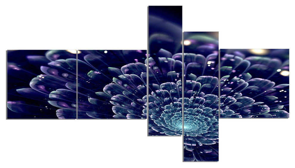 Dark Blue Abstract Fractal Flower, Floral Canvas Art print, 60"x32", 5 panels