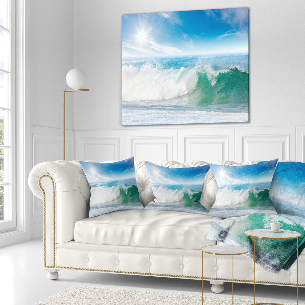 White and Blue Waves under Sun Seascape Throw Pillow, 16"x16"