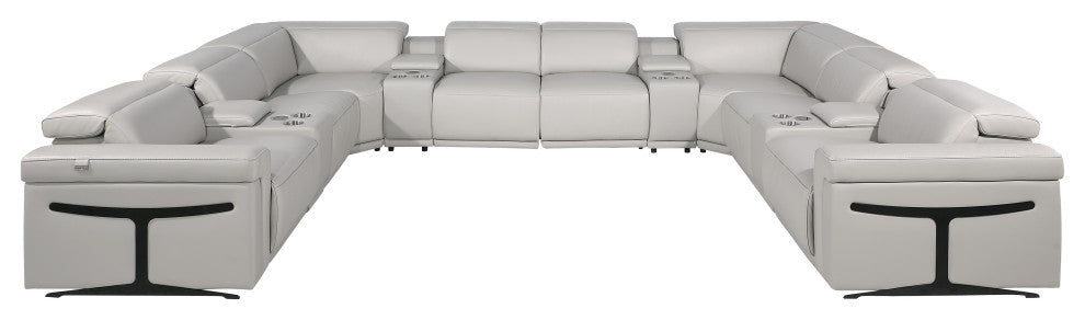 GIOVANNI 12-Piece, 4-Power Reclining Italian Leather Sectional, Light Gray