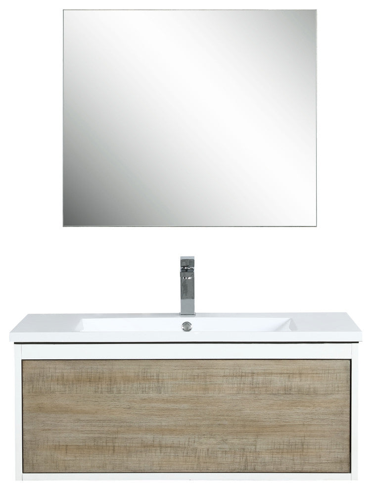 Scopi 36 Rustic Vanity, Acrylic Top With Sink, Gun Metal Faucet Set, 28 Mirror