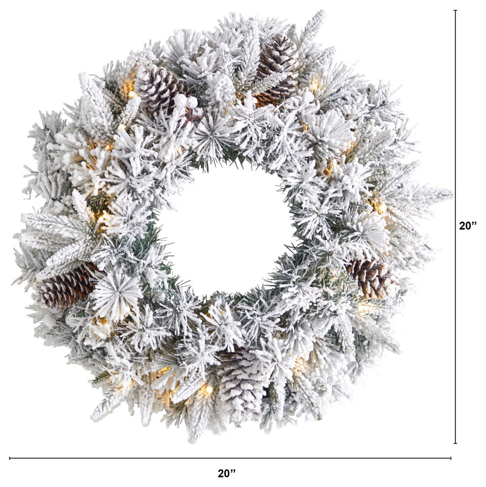 20" Flocked Artificial Christmas Wreath With 35 Warm White LED Lights