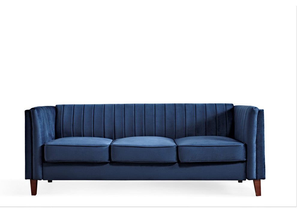 Modern 3 Seater Sofa, Velvet Seat & Vertical Channel Tufted Backrest, Dark Blue