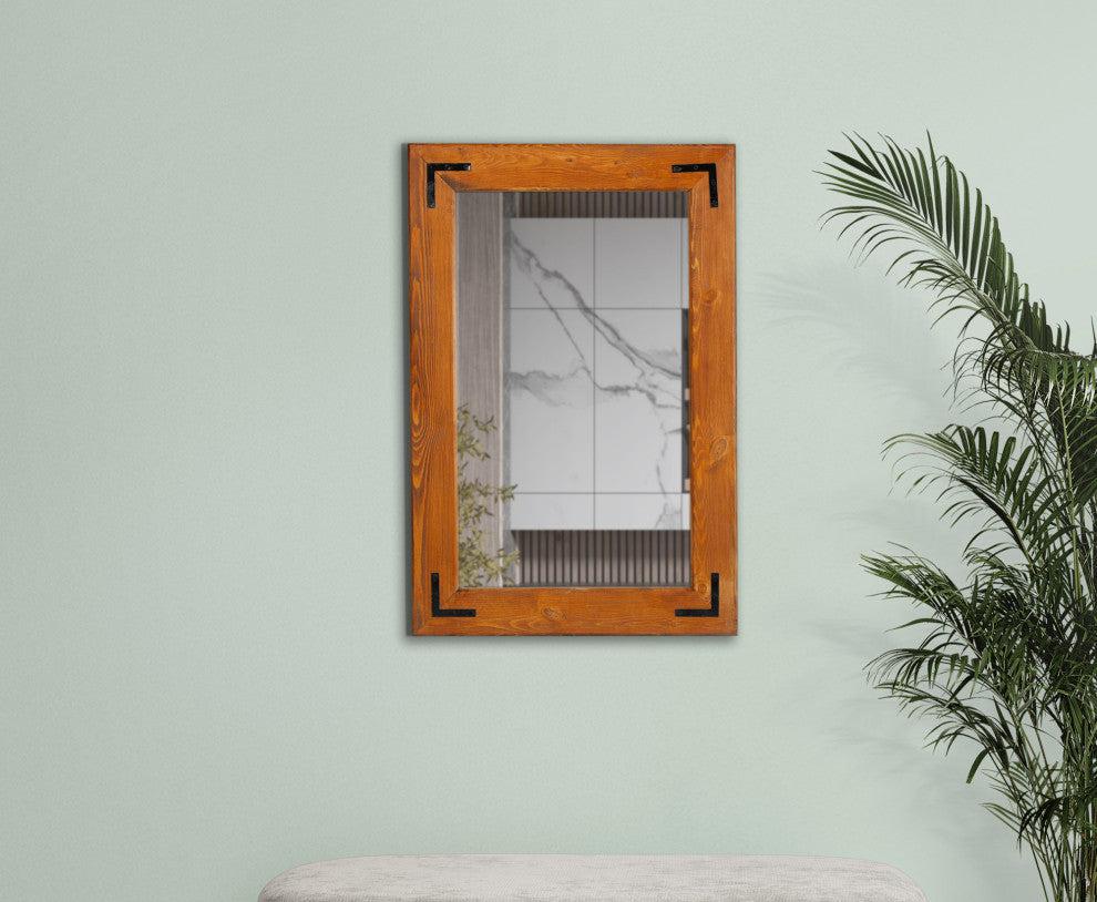 Natural Wood Framed With Metal Corner Bracket Mirror, Natural