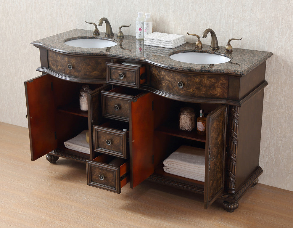 60" Amelia Double Sink Vanity, Baltic Brown Granite Top