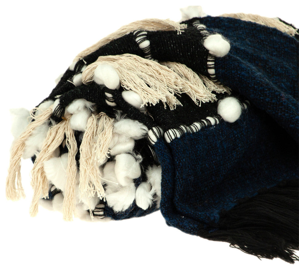 Navy Blue Boho Woven Handloom Throw With Pom Pom