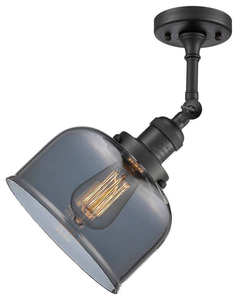 Large Bell 8" Semi-Flush Mount, Matte Black, Glass: Plated Smoked